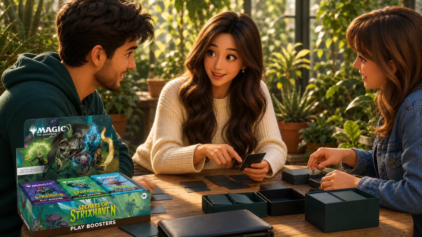 Yumi and two adult friends discuss a Play Booster display at a greenhouse table