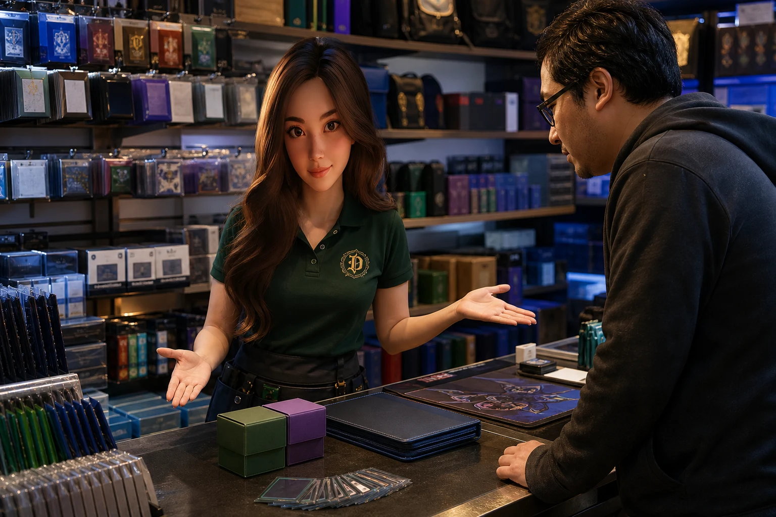 Yumi discusses sleeves, boxes and a binder with an adult visitor at a game-store accessory counter.
