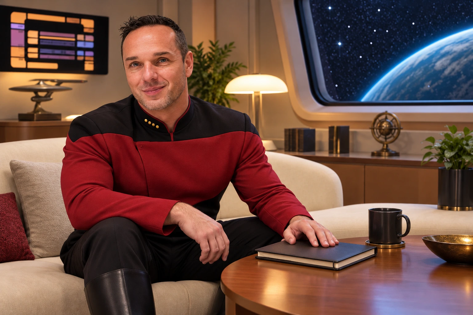 Robert Pruitt in a fitted red-and-black captain uniform, seated in a TNG-inspired ready room; AI-generated costume illustration.