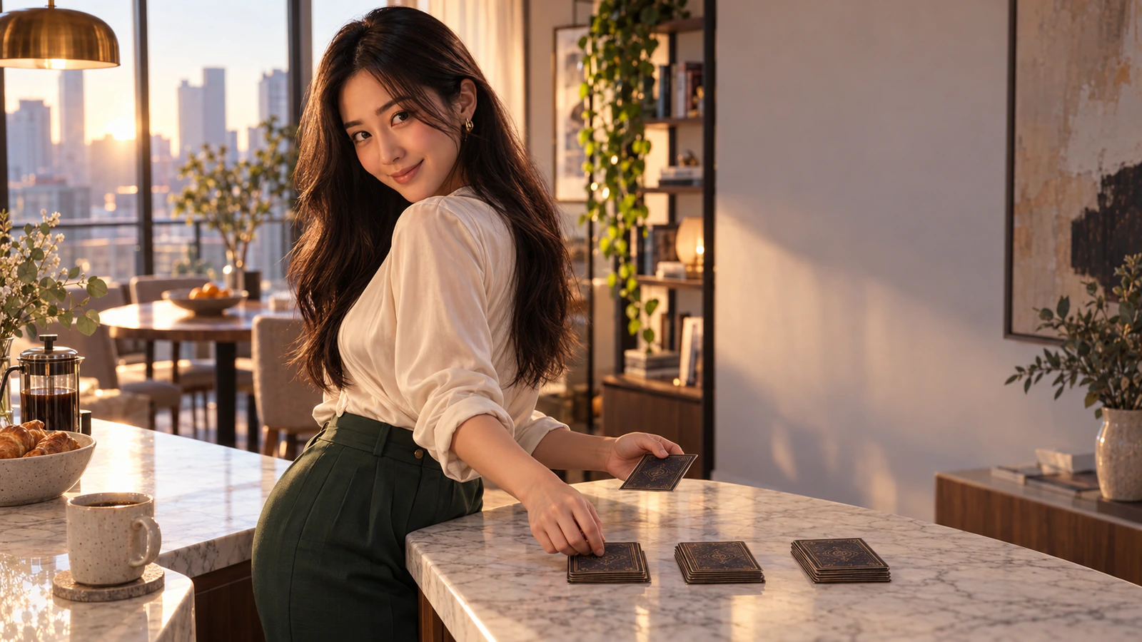 Yumi compares a teaching route with a multiplayer Commander route at a breakfast table.