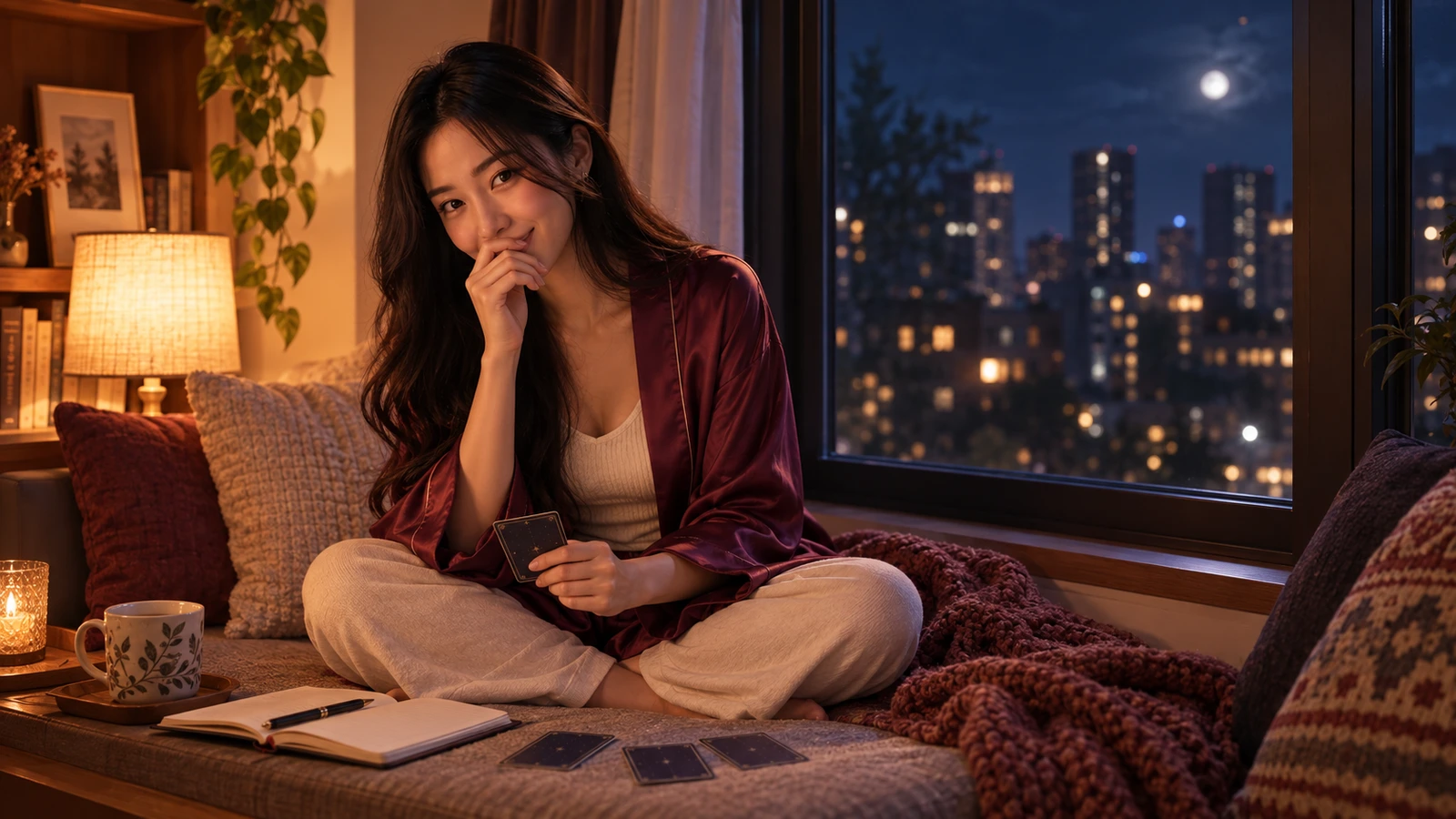 Yumi examines a foil-like card beneath a conservation light in her reading room.