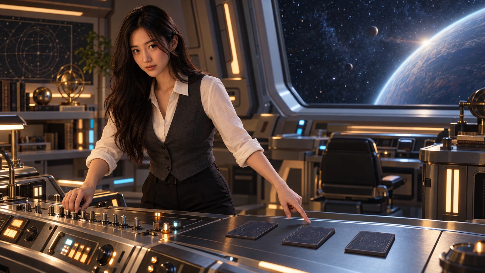 Yumi reviews preorder evidence at a starship communications console.