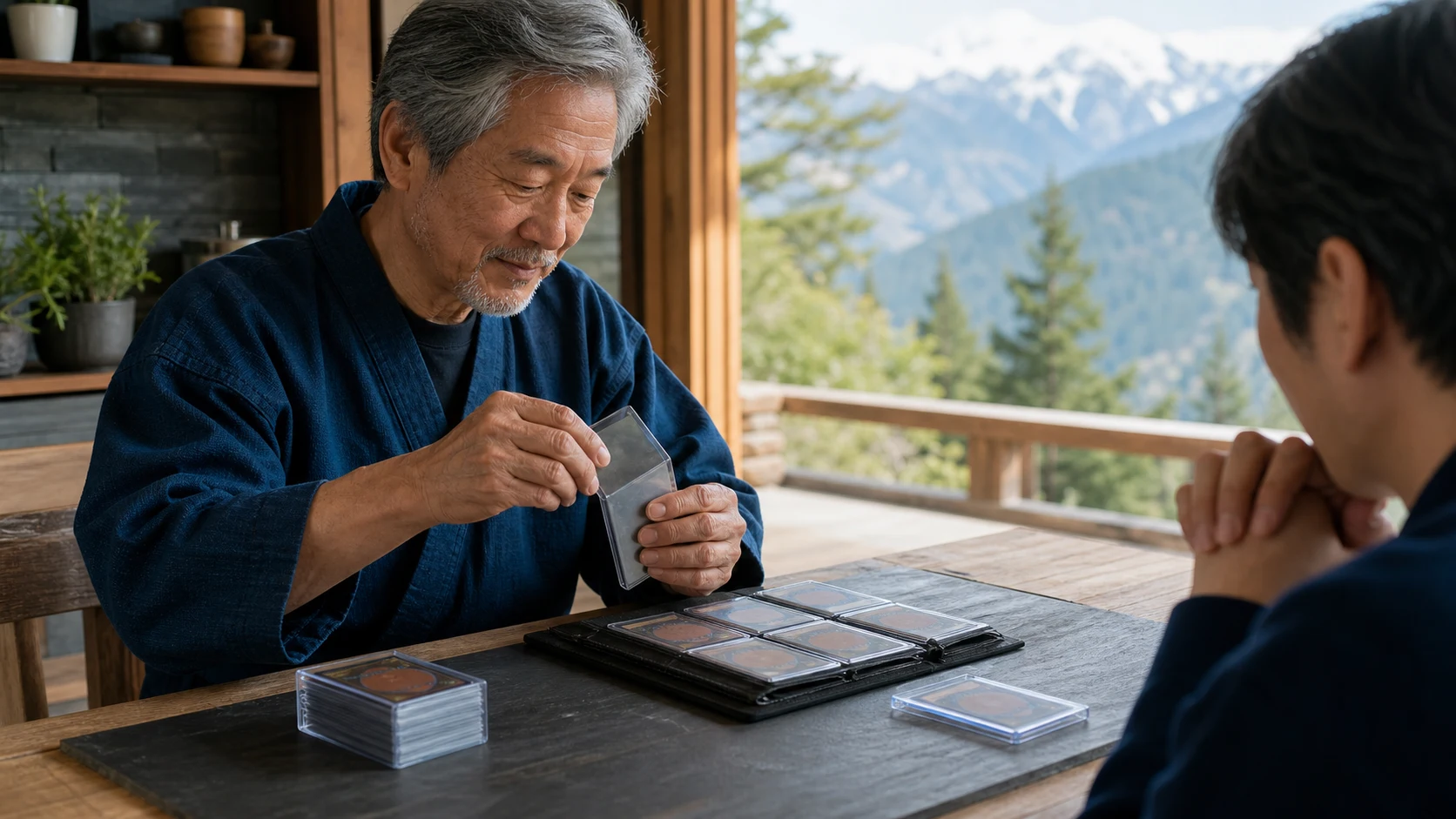Kenji, The Sensei — mountain-lodge protection bench, demonstrating sleeves and rigid storage to a student