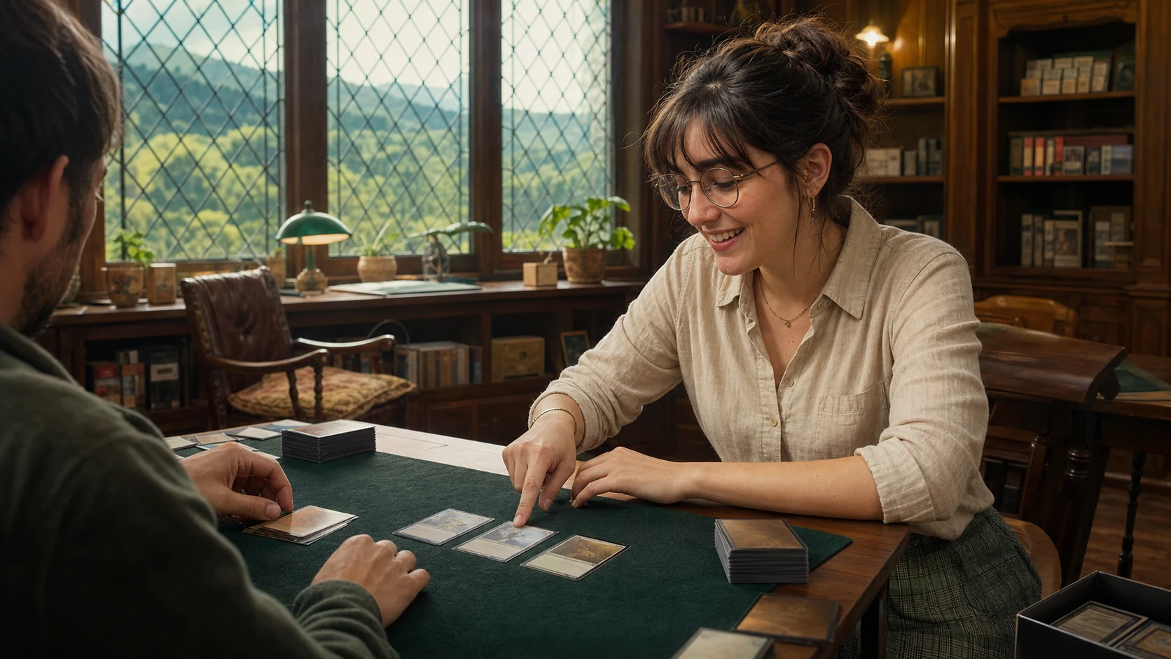 Margo, The Archivist — bright old-world library, teaching a first turn across an uncluttered table
