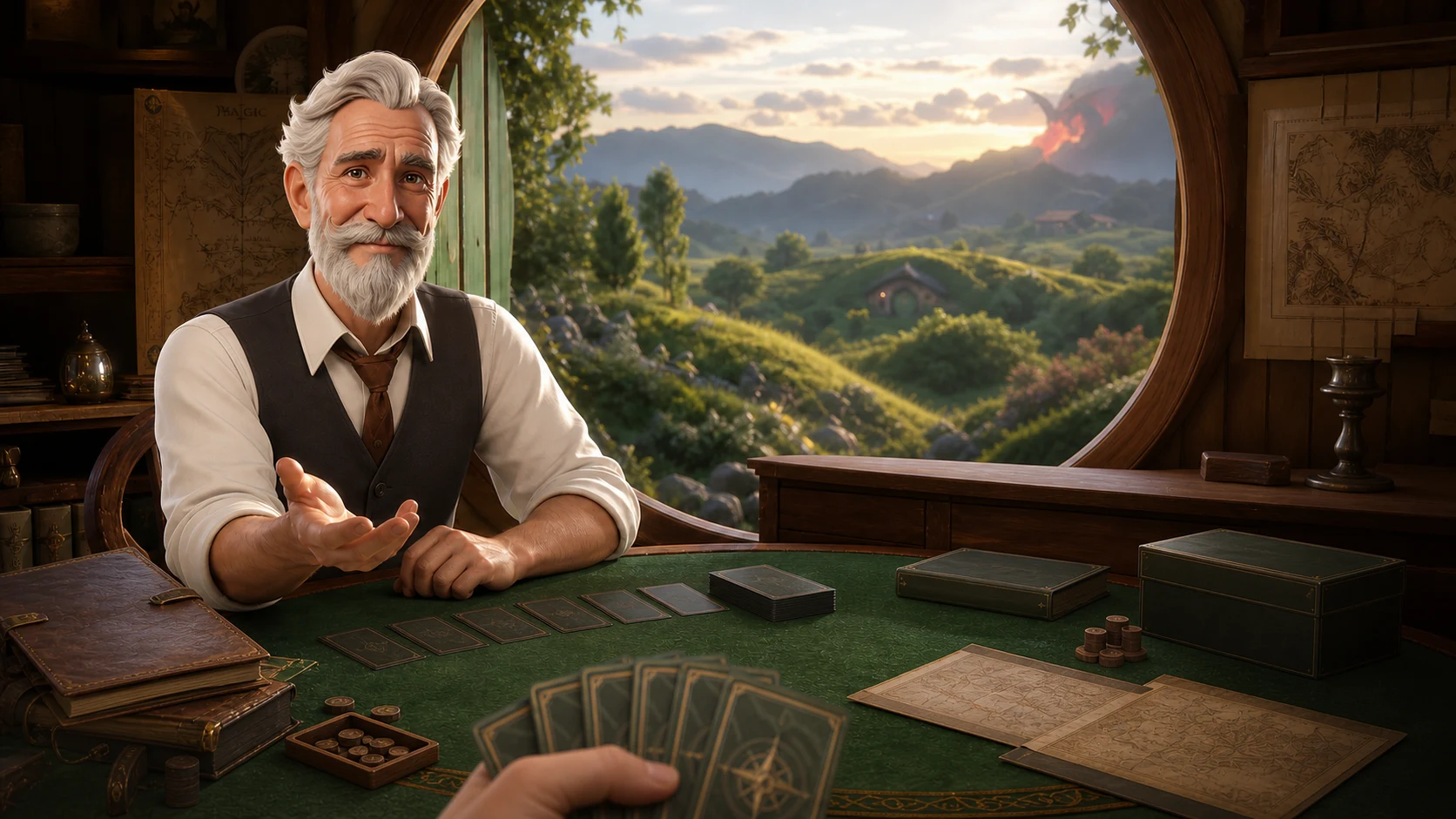 Robert, The Keeper — warm Shire study, patient first-table invitation