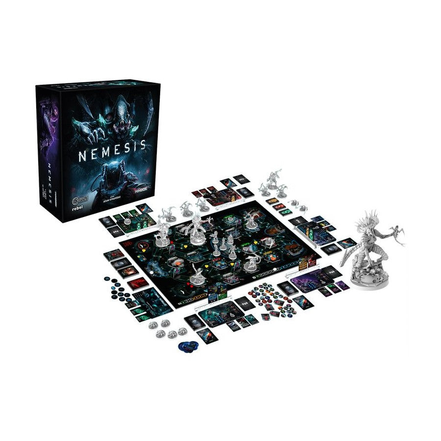 The Nemesis ship board laid out on the table with modular room tiles, character standees and Intruder miniatures mid-game.