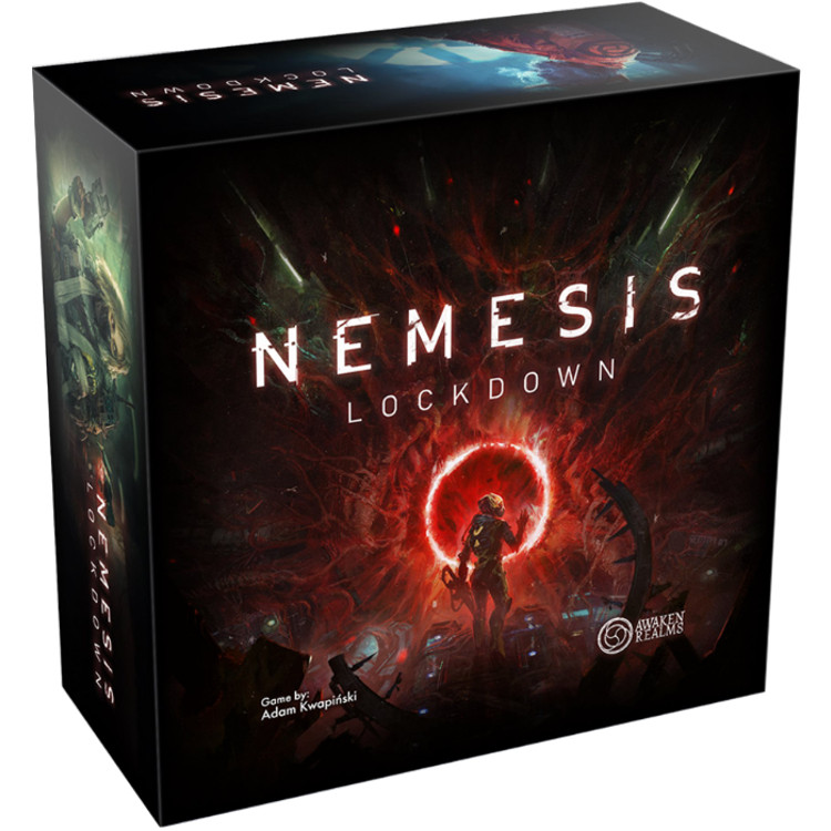 An angled three-quarter view of the Nemesis: Lockdown box, showing the spine and the survival-horror cover illustration.