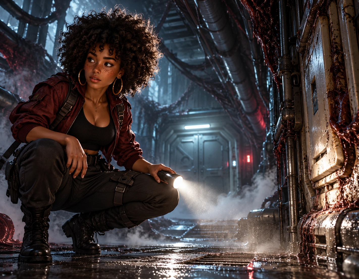 Original fictional Nemesis-universe editorial illustration: Imani checks an outpost access panel; notice routes before committing to an exposed move.