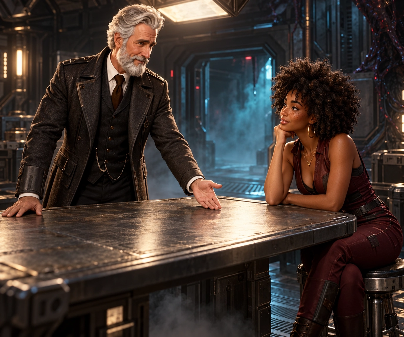 Original fictional Nemesis-universe editorial illustration: A crew briefing represents the campaign agreement; no actual game state or product test is depicted.