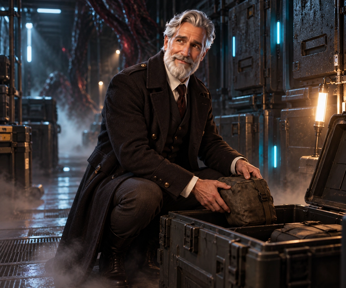 Original fictional Nemesis-universe editorial illustration: The Keeper organizes a fictional cargo trunk, not a retail insert or evidence of its capacity.