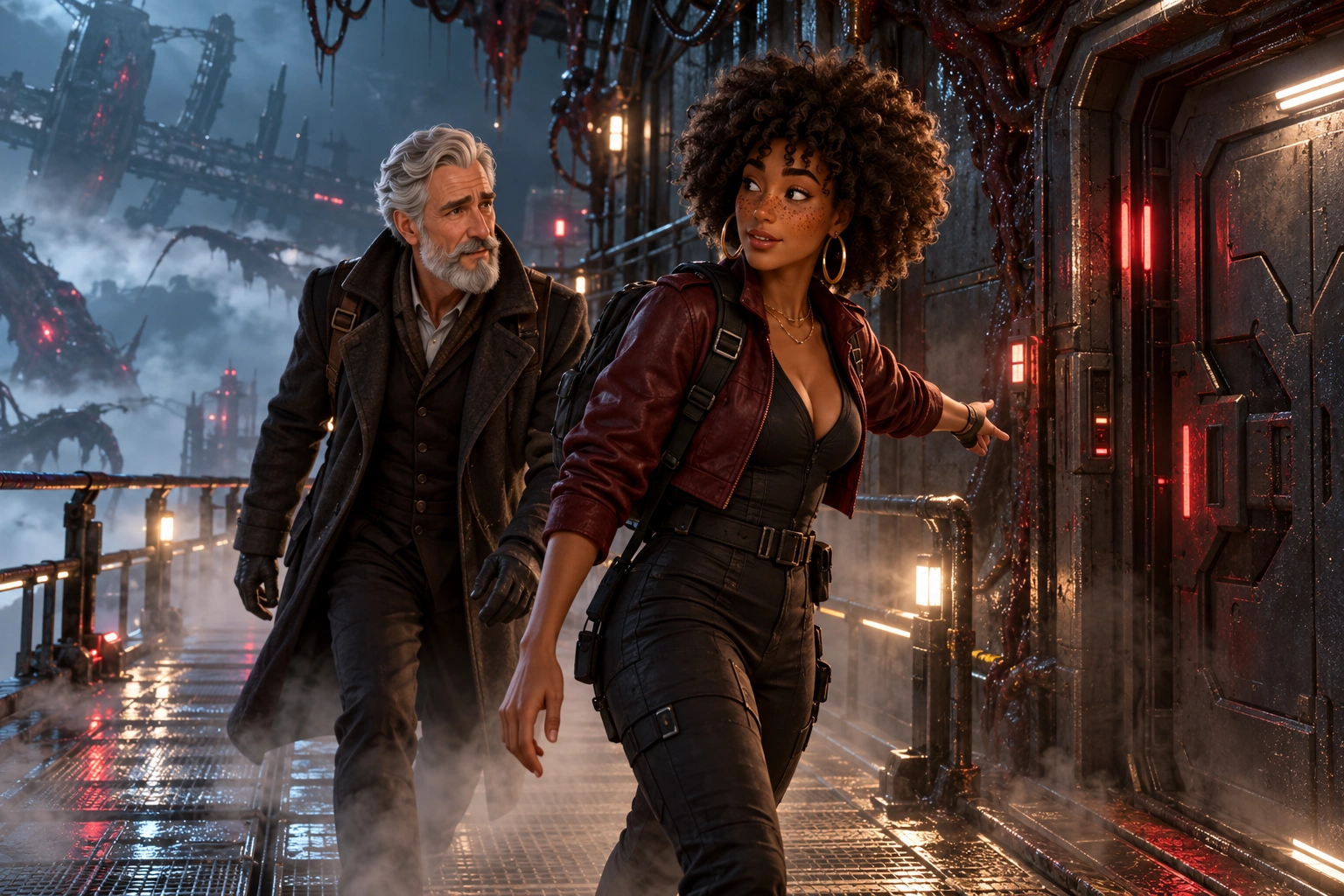 Original fictional Nemesis-universe editorial illustration: Two curators secure a route through a fog-filled outpost; defensive planning is an editorial illustration.