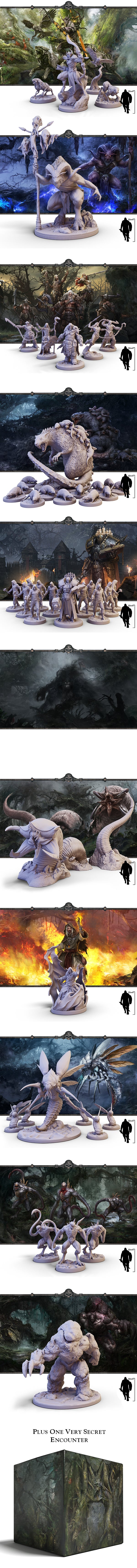 The roster of boss miniatures scaled against human silhouettes — from the giant rat and witch to the kraken and other Deepwood horrors, including one very secret encounter.