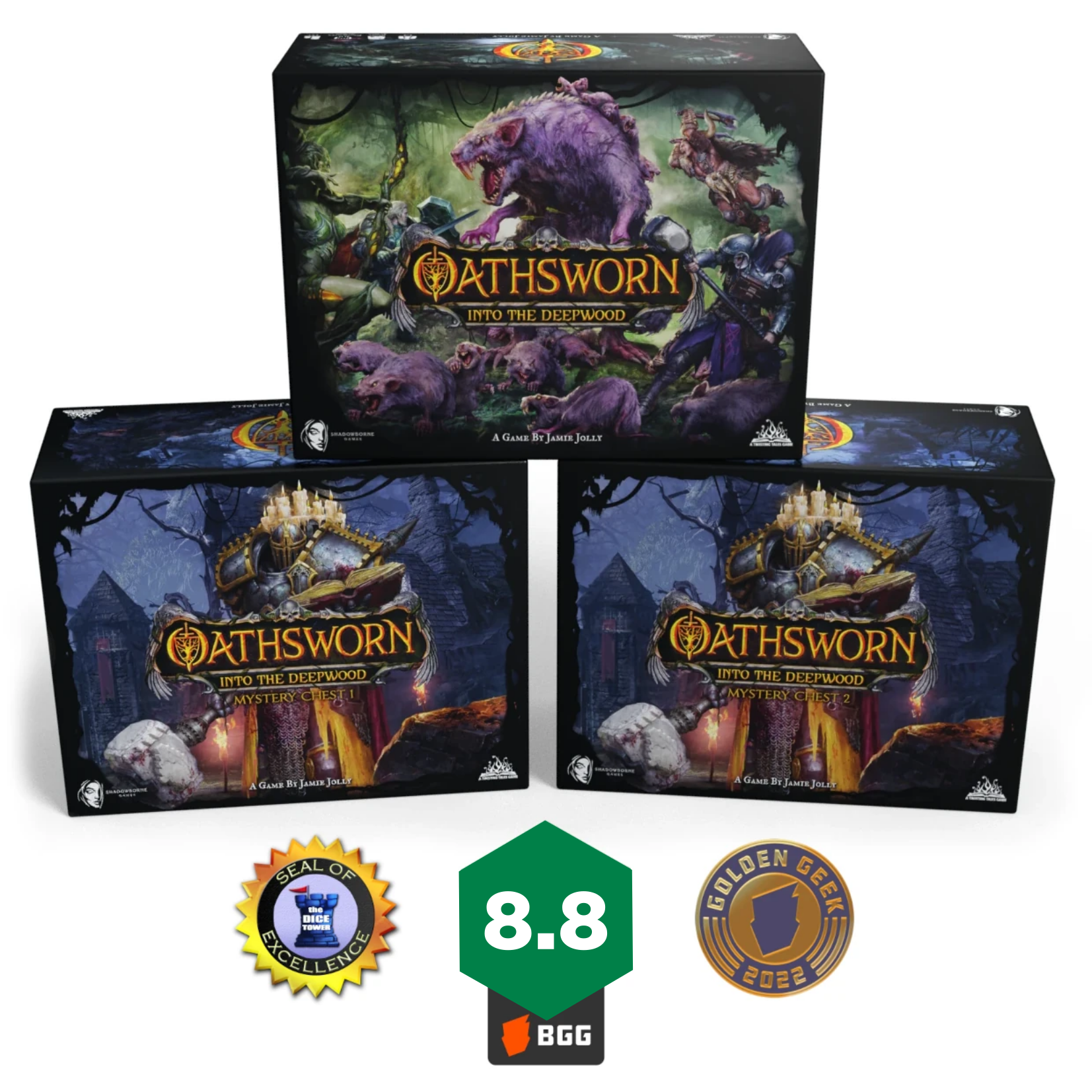 The core game box flanked by the two Mystery Crate expansions, displaying its Seal of Excellence and BGG 8.8 honors.