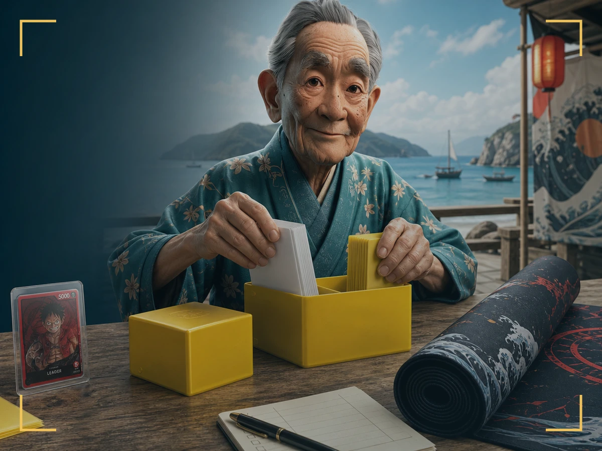 Kenji, The Sensei — testing sleeves and boxes at a themed workbench