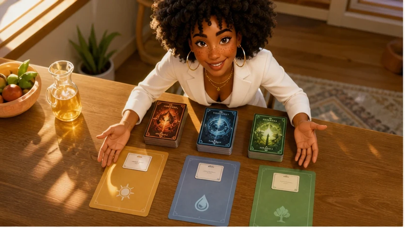 Imani, The Connector — bright game-store welcome counter