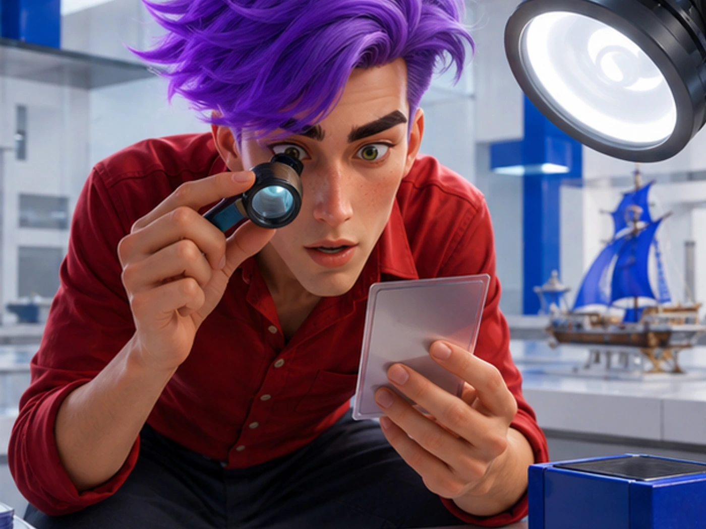 dax in a white and cobalt quality-control studio, checking sleeves and a deck box with a loupe
