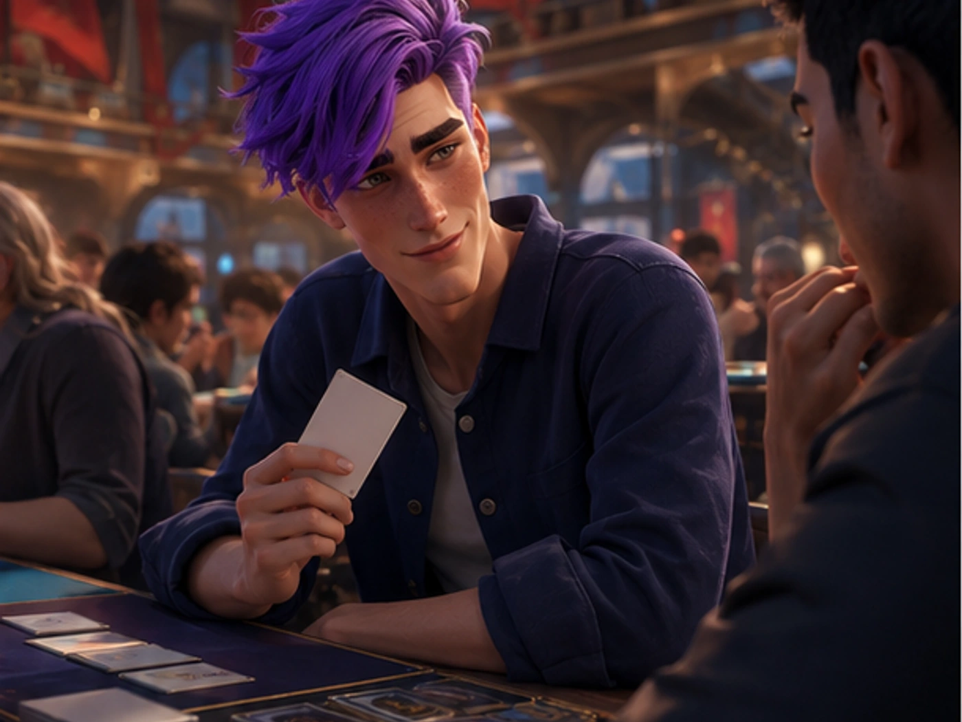 dax in a busy regional tournament side table, testing a sleeved deck while listening to an opponent