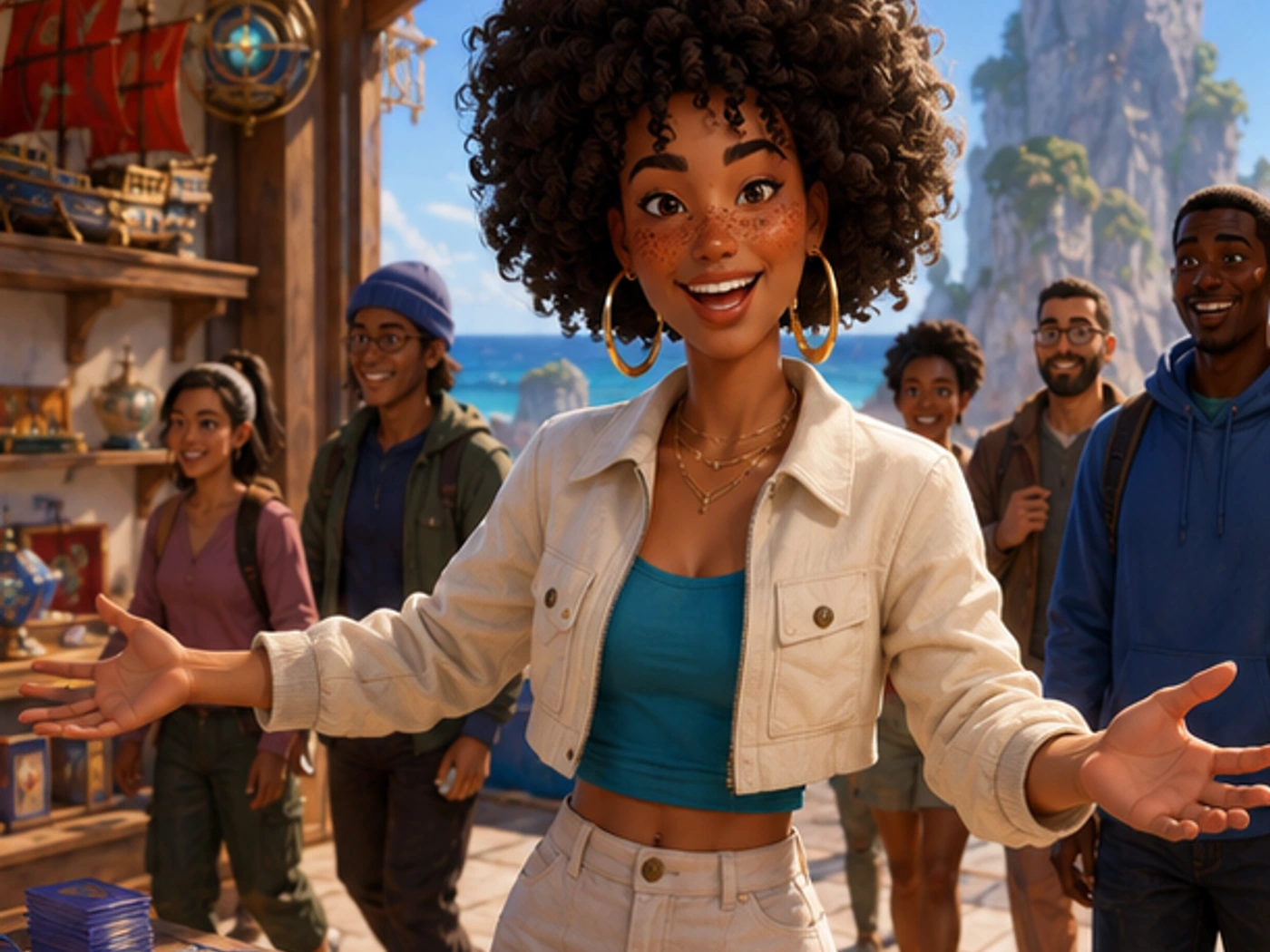 imani in a seaside card shop on launch morning, welcoming a line of adult players with both hands open