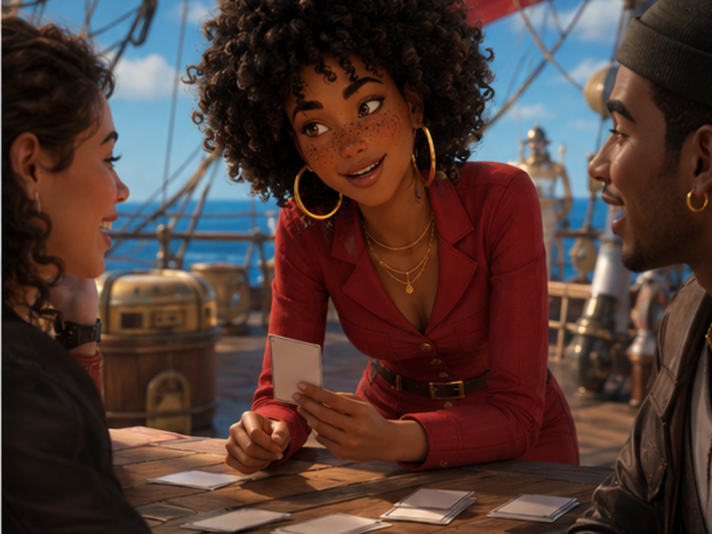 imani in a sunlit ship-deck convention installation, leaning forward mid-story between two players