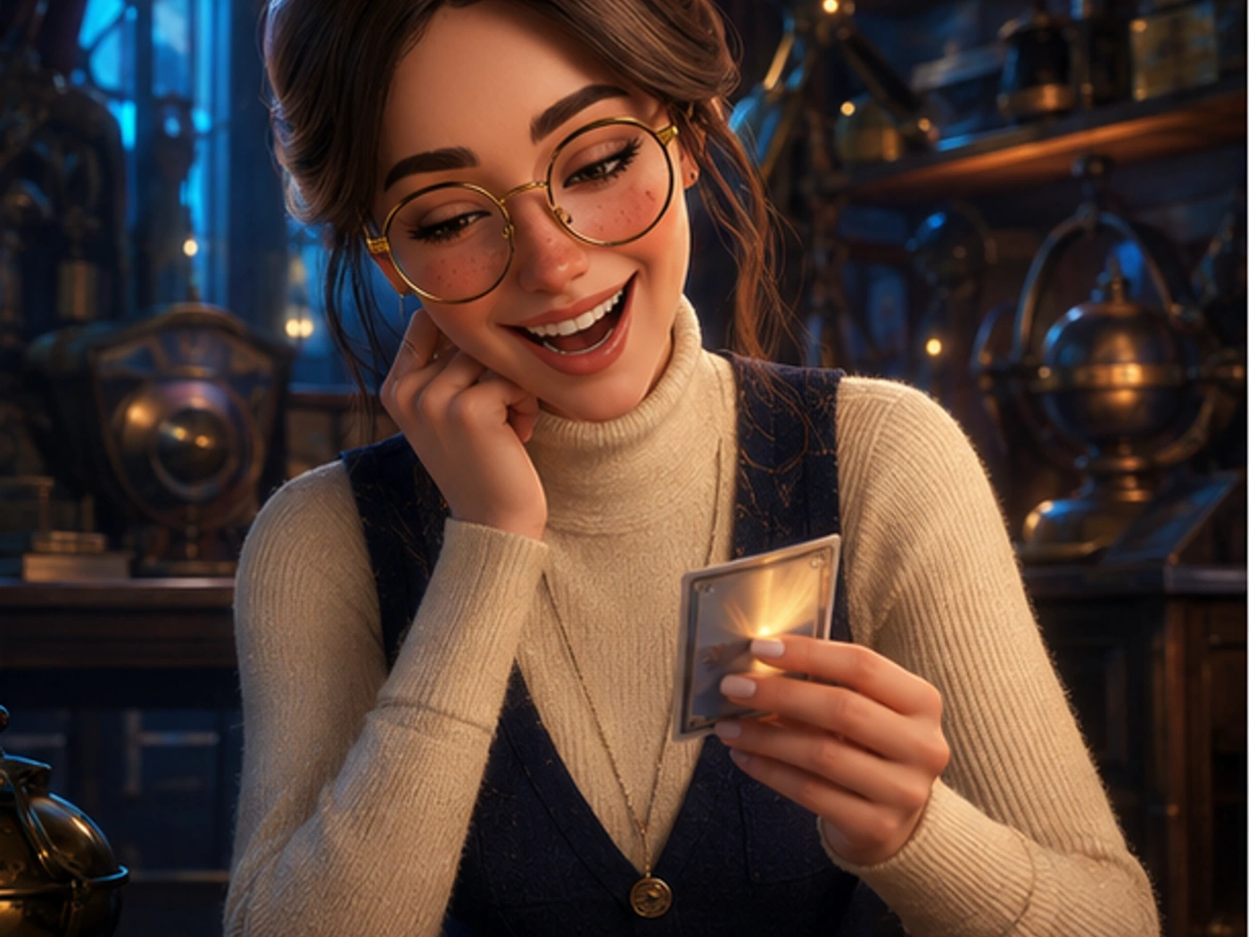 margo in a cool blue collector archive, laughing while turning a foil-like blank card beneath a lamp