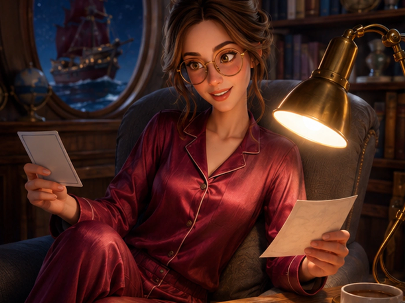 margo in a private ship-cabin reading room at night, comparing a checklist with a blank card while sitting cross-legged