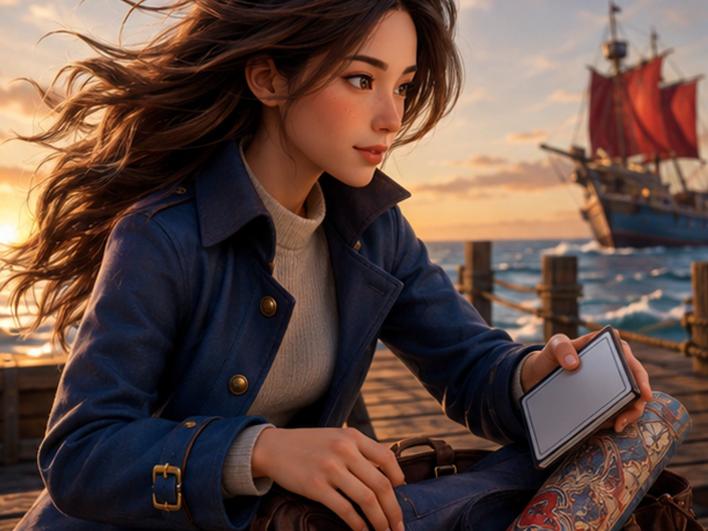 yumi in a windy pier at golden hour, packing a deck case and illustrated mat into a travel bag