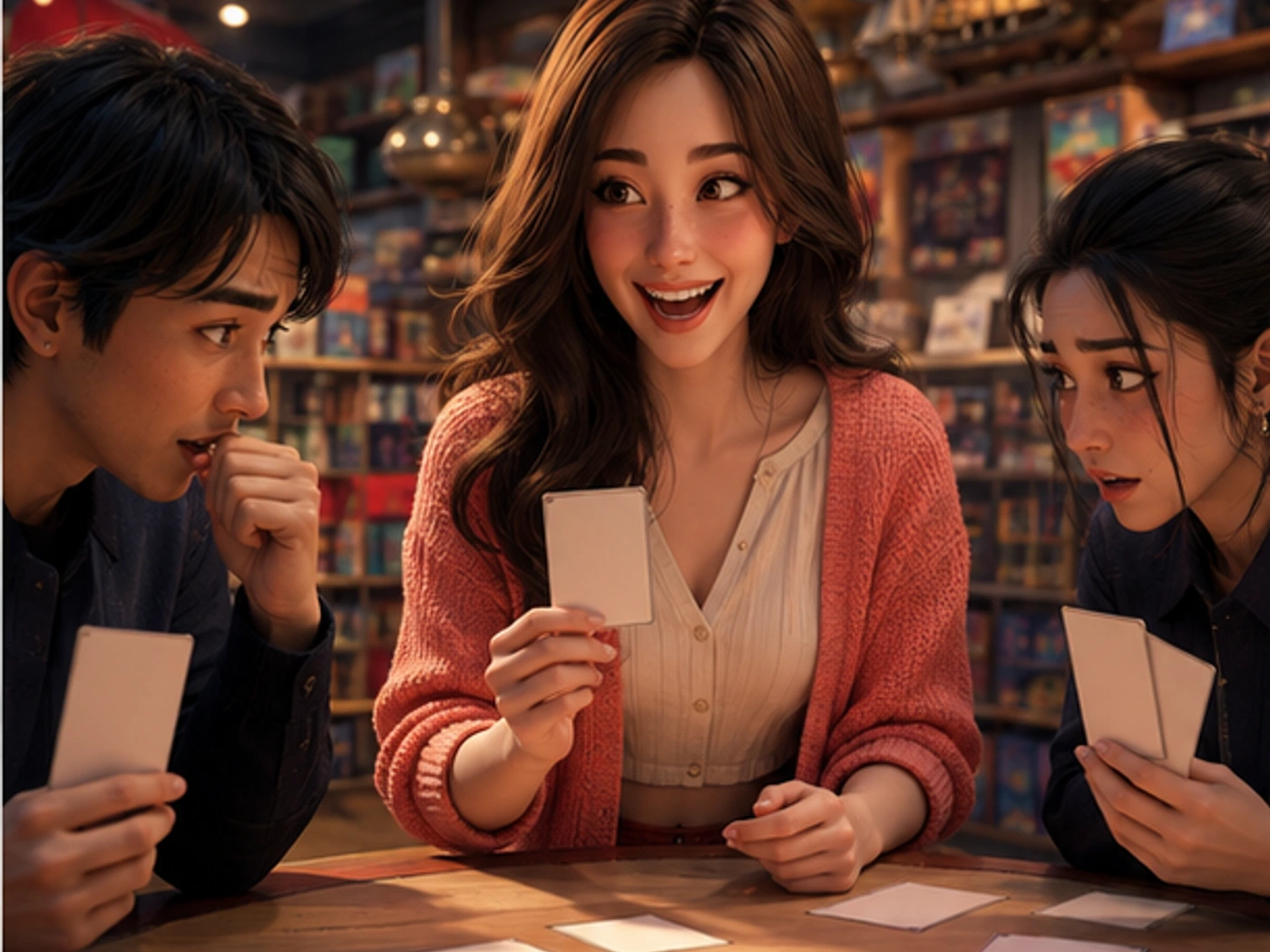 yumi in a bright local game store teaching table, holding one blank card while two adult beginners compare hands