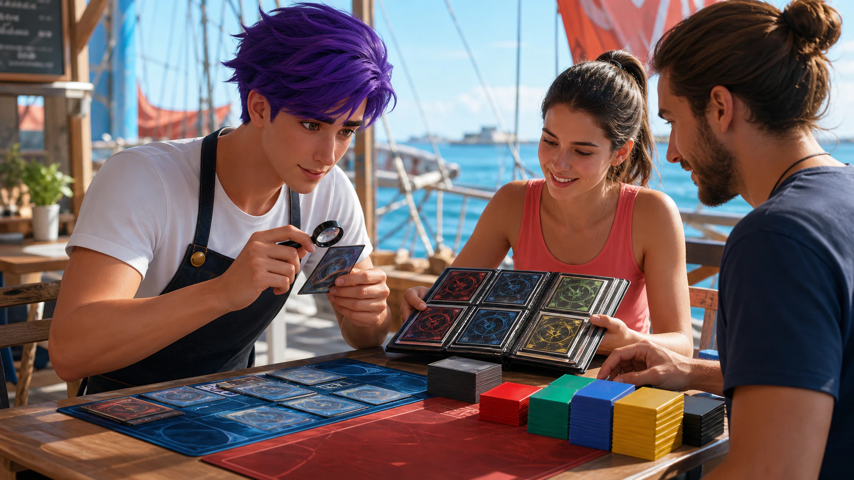 Dax, The Critic — inspecting a block icon with two adult players at a bright harbor table