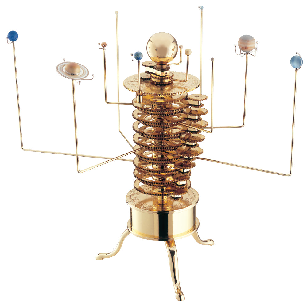 Solid-brass motorized orrery with exposed gear train