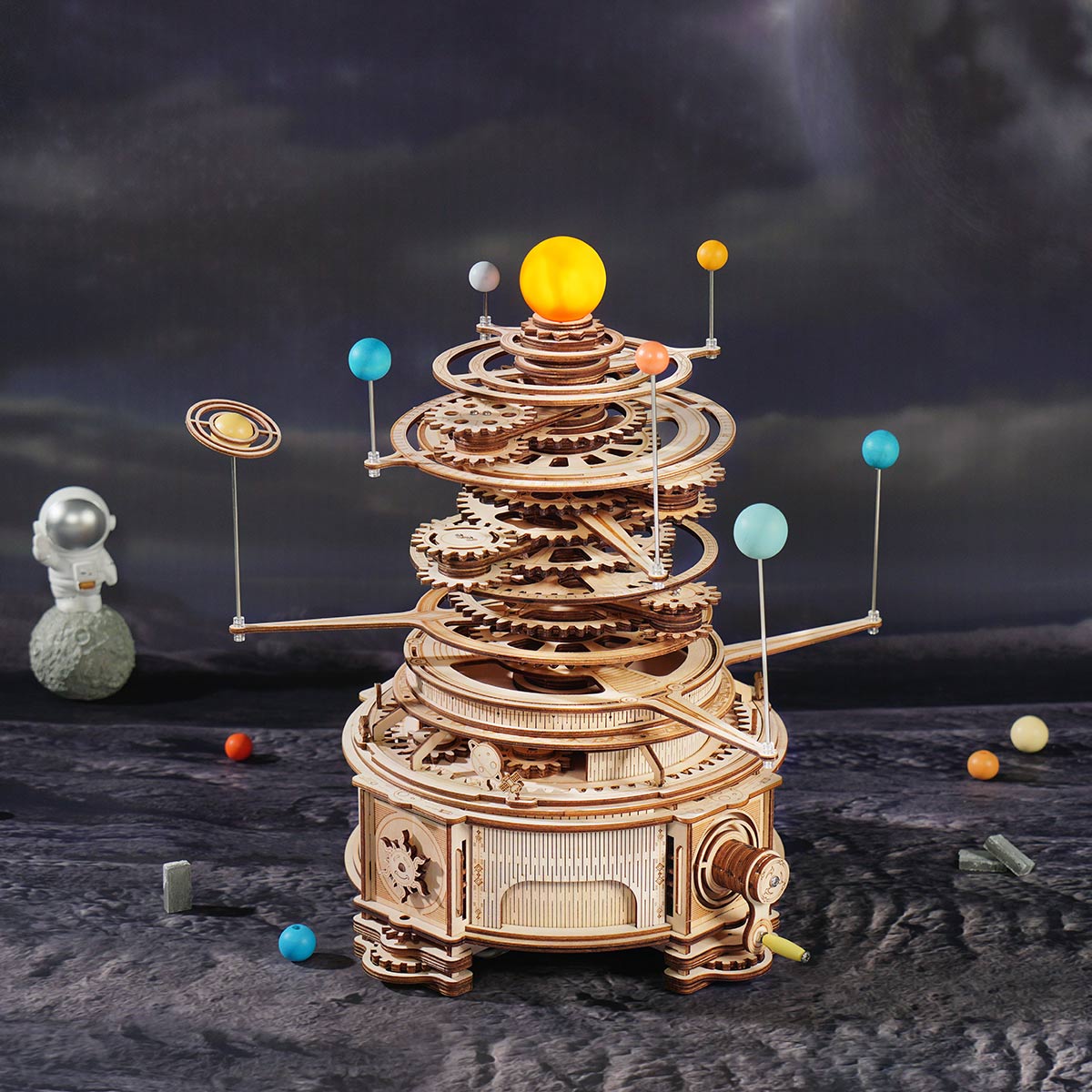 Wooden orrery kit with eight planets on rotating arms