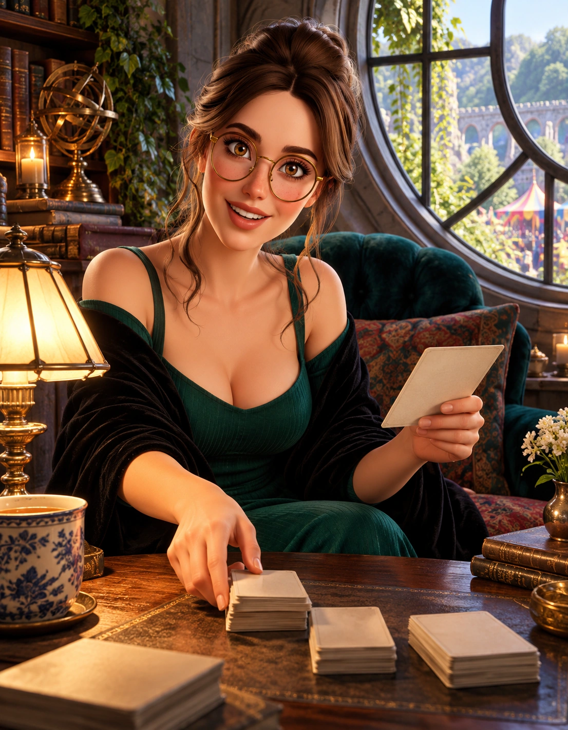 margo in private archivist quarters with round leaded windows, a velvet chair, a small low card table and a warm reading lamp
