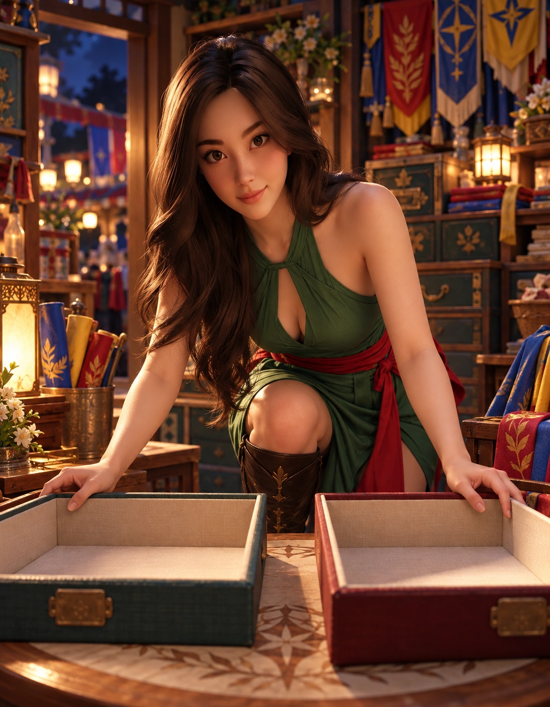 yumi in late-night festival packing room with painted timber cabinets, folded banners and a calm warm work surface