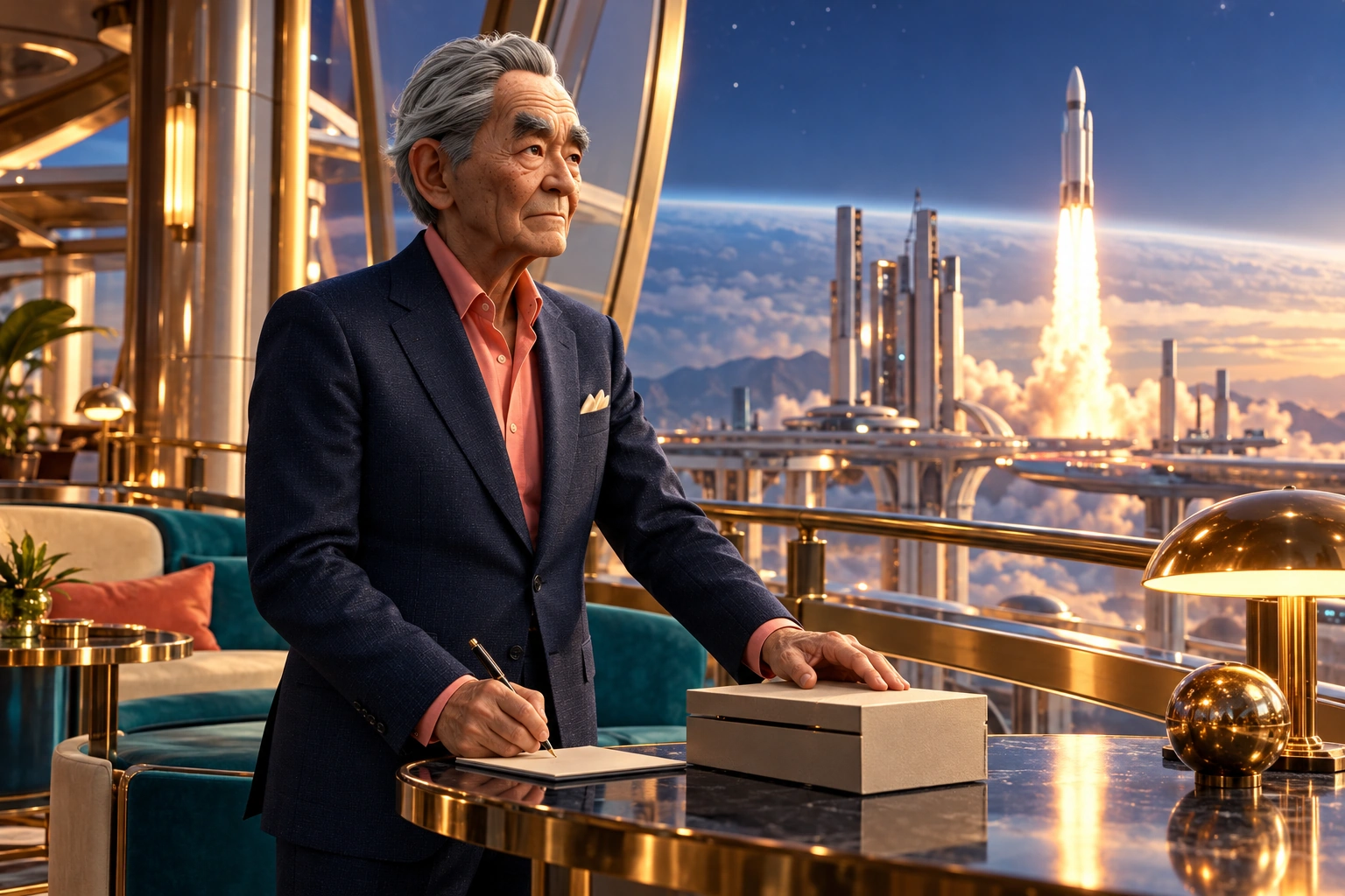 kenji in high observation lounge above the terminal with brass railings, deep-blue starfield and a compact review desk