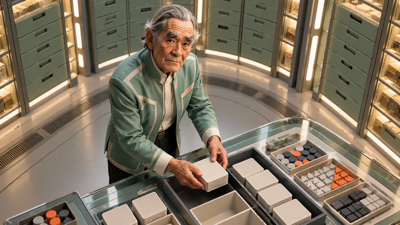 Kenji actively sorts facedown practice cards inside a closed orbital archive; atmosphere, not real product testing.