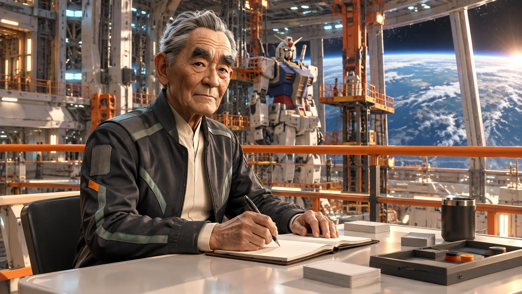 kenji in Gundam orbital hangar observation rail above ivory service platforms with orange safety lines, folded gantry arms and a separate small flight-review table