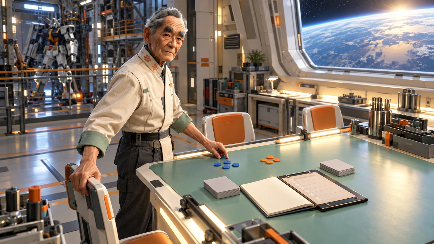 kenji in Gundam colony engineering instruction bench with ivory ceramic panels, celadon circuit housings and a luminous resource-count teaching instrument with no visible lettering