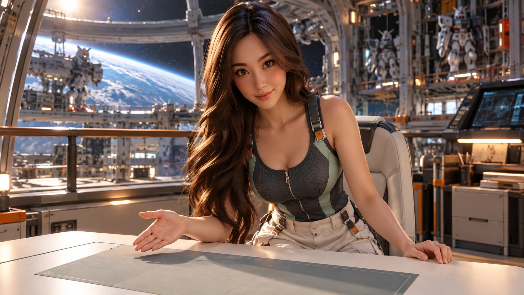 yumi in Gundam academy simulator cockpit mezzanine with a curved canopy, ivory instrument pods and distant maintenance cranes under the colony sky