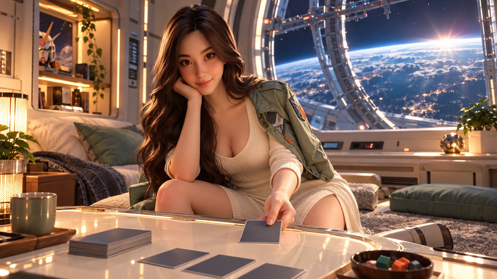 yumi in private Gundam pilot quarters overlooking the colony cylinder, ivory wall ribs, a compact low practice table, celadon cushions and a quiet orbital window