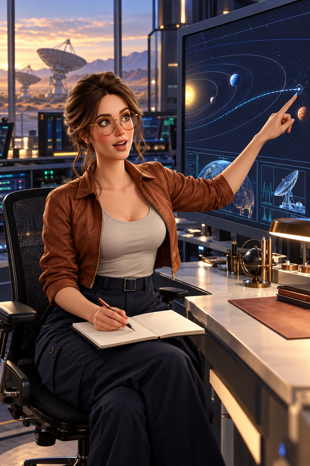 margo in probe mission-control room with midnight-blue instrument housings, an unlettered orbital projection and a clear teaching bench