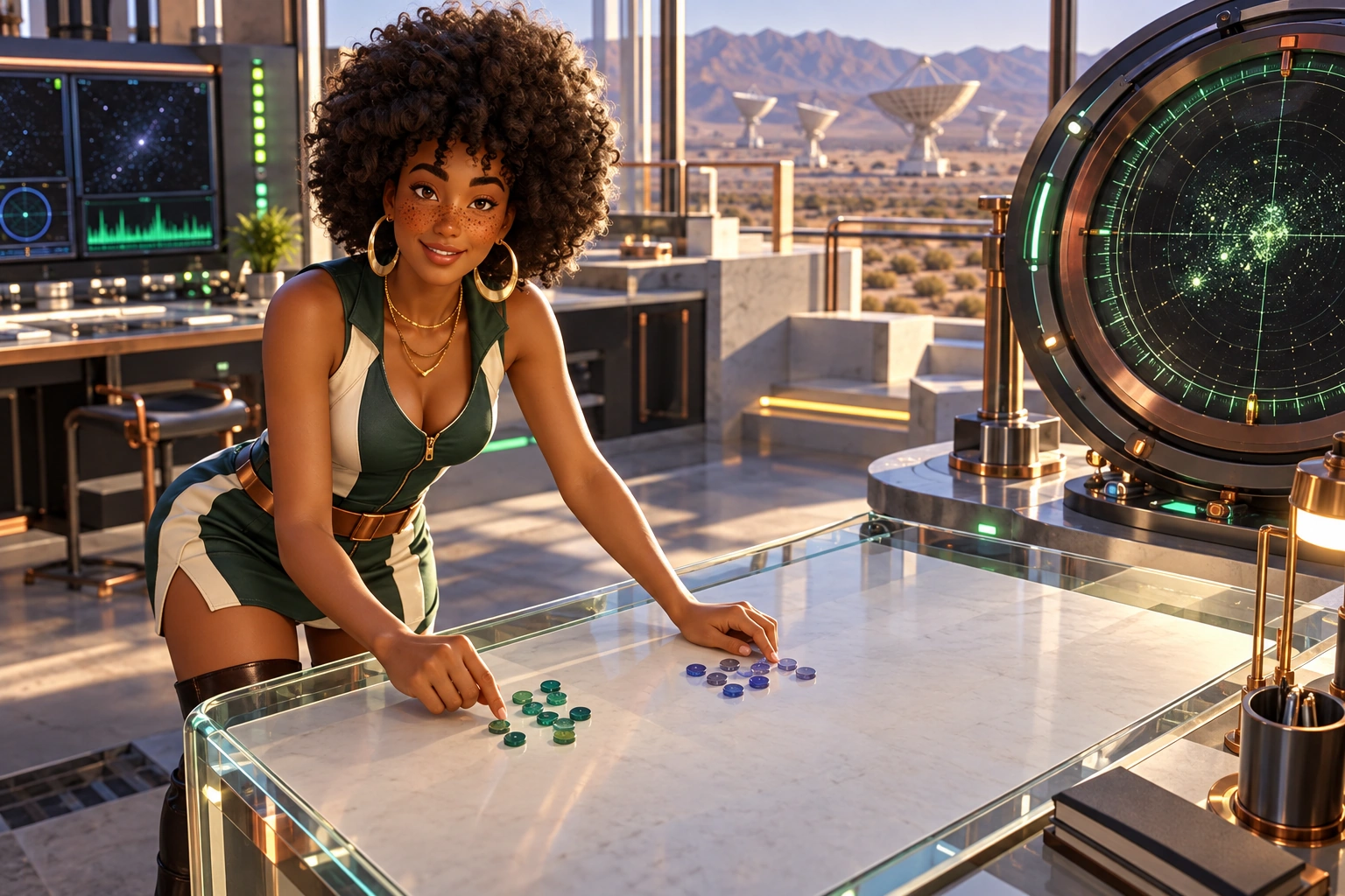 imani in quiet signal laboratory with pale stone counters, emerald indicator lights and a large circular analysis instrument