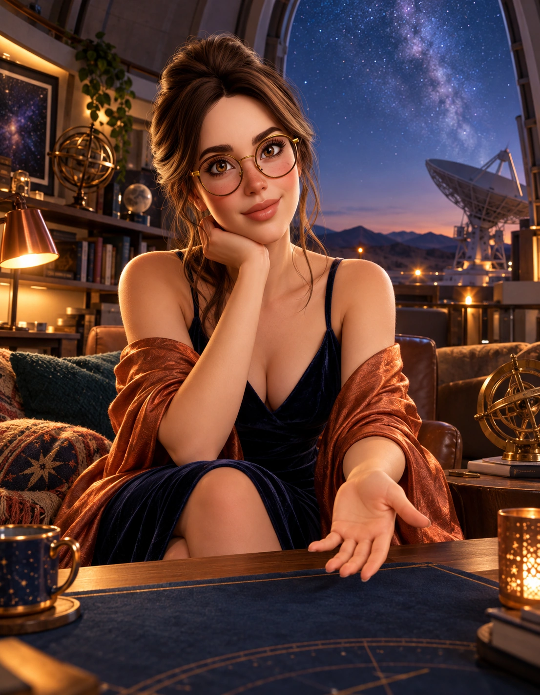 margo in private astronomer quarters beneath an open observatory dome, a low game table and warm copper reading lamps