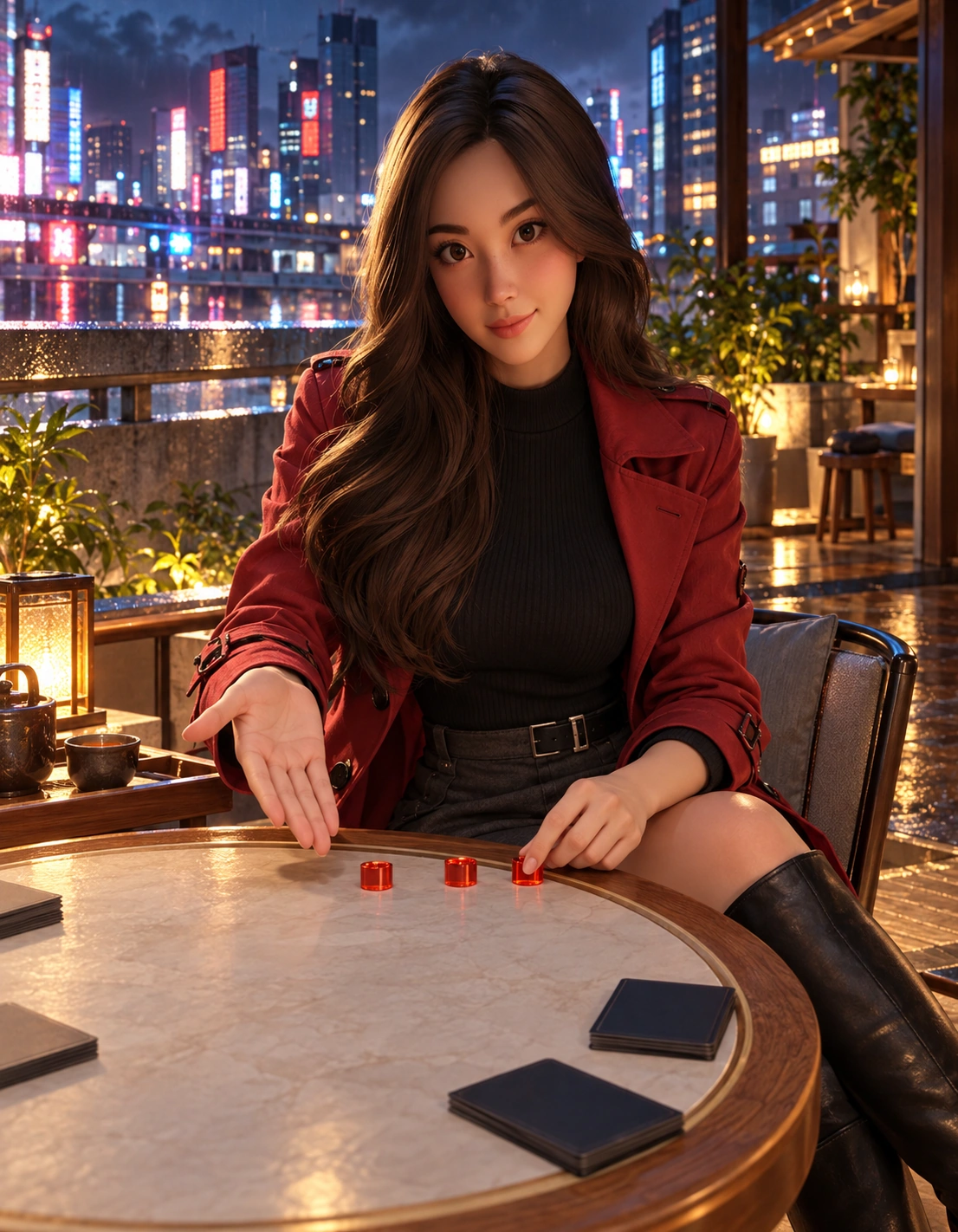 yumi in rain-lit rooftop training terrace above Japanese neon streets, concrete parapets and an open tea table