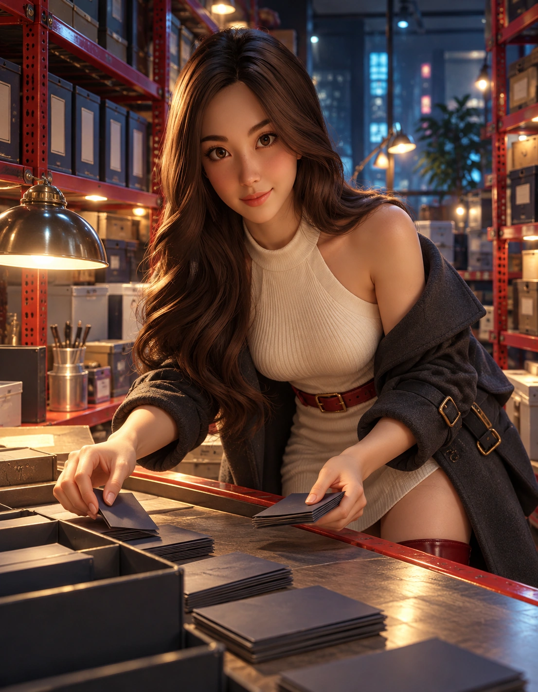 yumi in title-sorted collector archive with red steel shelves, smoke-blue inspection lamps and a narrow packing counter