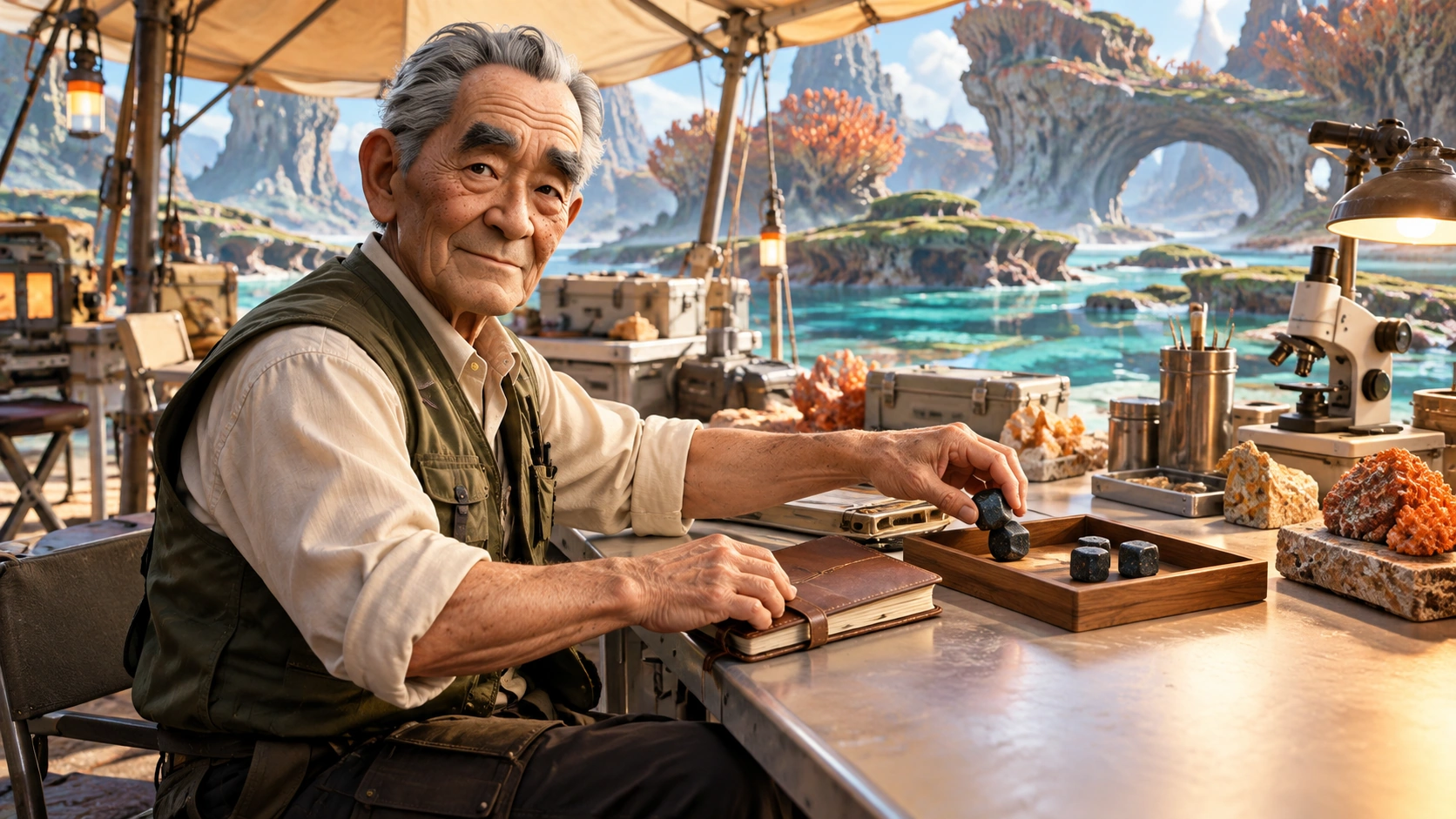 kenji in portable field laboratory under a translucent expedition canopy, orange mineral samples and unlettered instruments