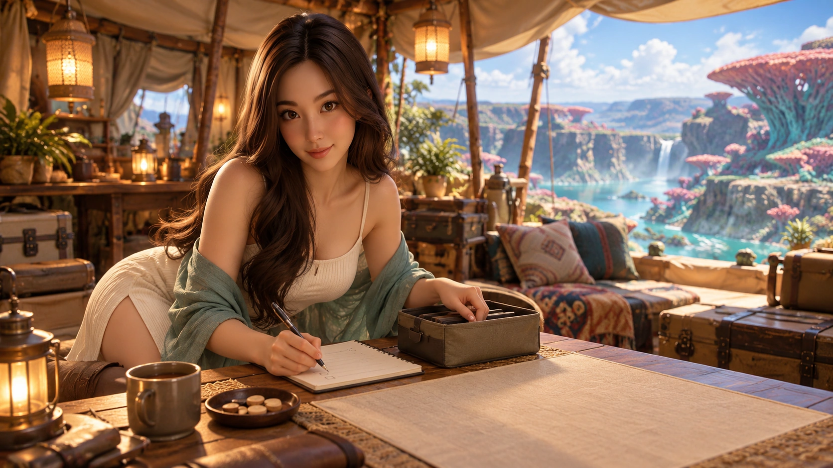 yumi in private canvas expedition quarters above a quiet valley, a low practice table and warm hanging lanterns