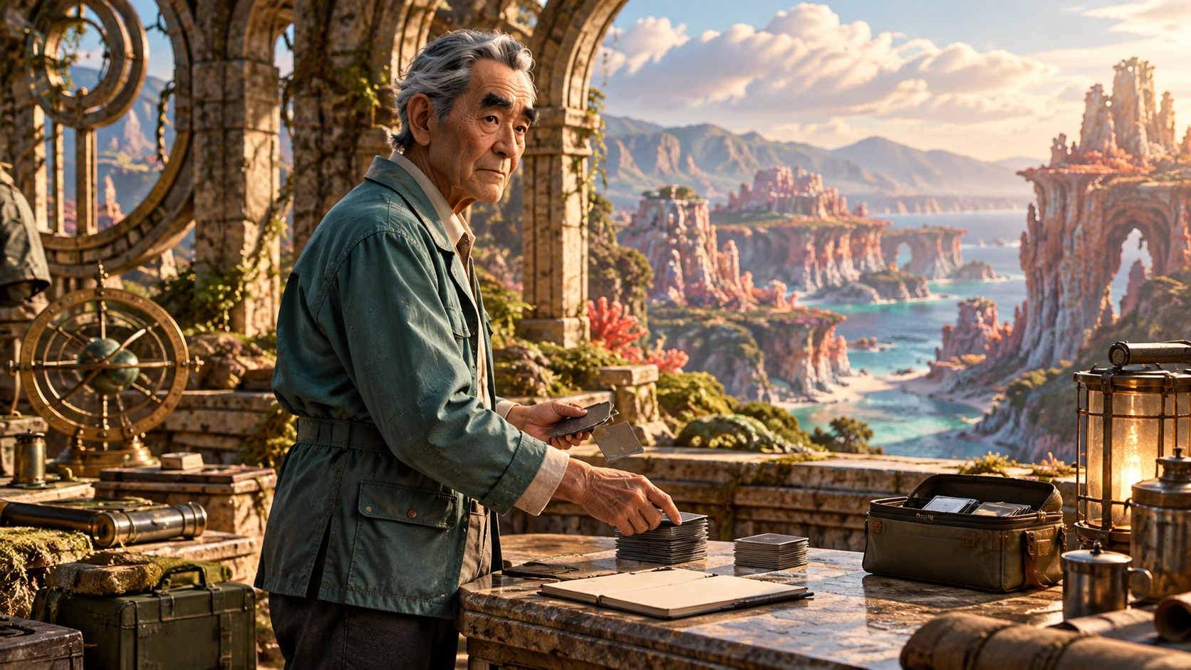 kenji in ancient-looking observation ruin on a mossy ridge with a small field-review desk and distant coral cliffs