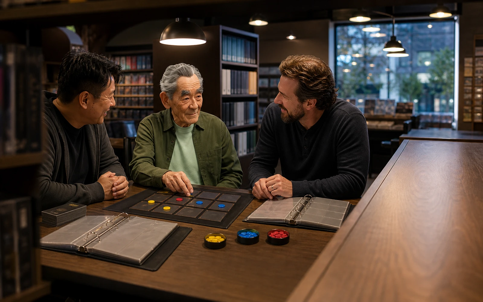Kenji compares a binder sleeve, rigid holder, and soft sleeve at a clean teaching table