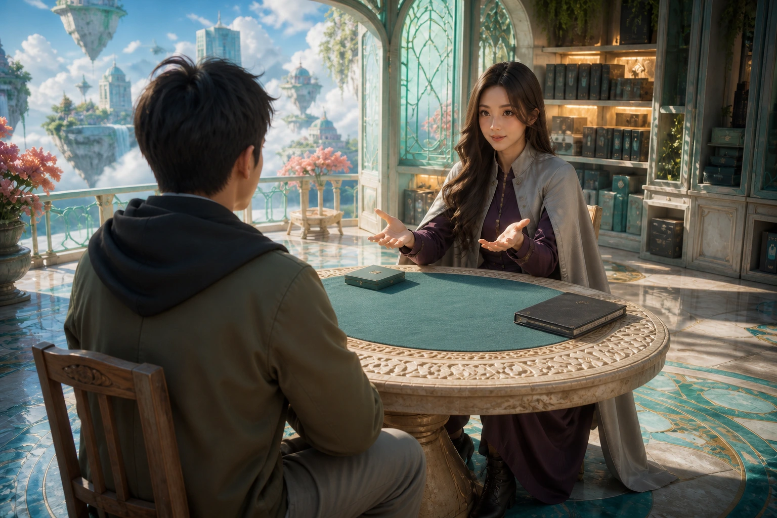 Yumi and an adult visitor discuss their first game beside a plain teal mat in a bright fantasy observatory.