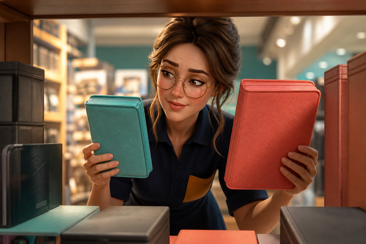 Margo raises an amused eyebrow while comparing closed teal and coral binders between store shelves.