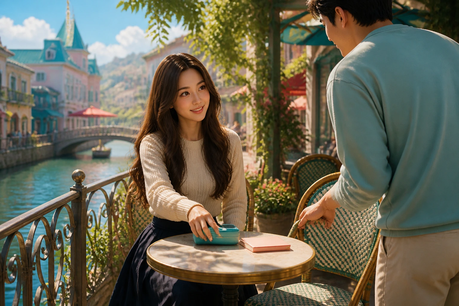 Yumi and an adult friend talk over a closed card case at a sunlit canal cafe.